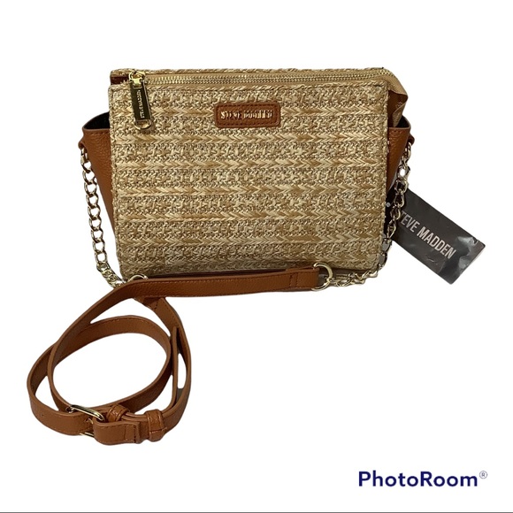 Steve Madden Crossbody Bag Straw Purse Natural Lexi Seasonal Brown Tan Gold - Picture 2 of 13